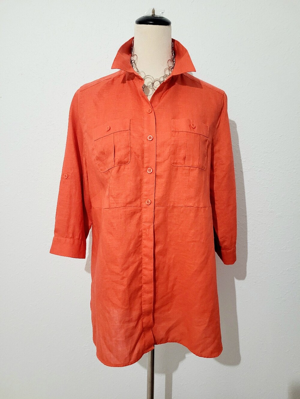 Chico's 100% Linen Tunic Shirt Petite Size 8/10 Orange Button Front Roll Tab Top - Picture 2 of 11